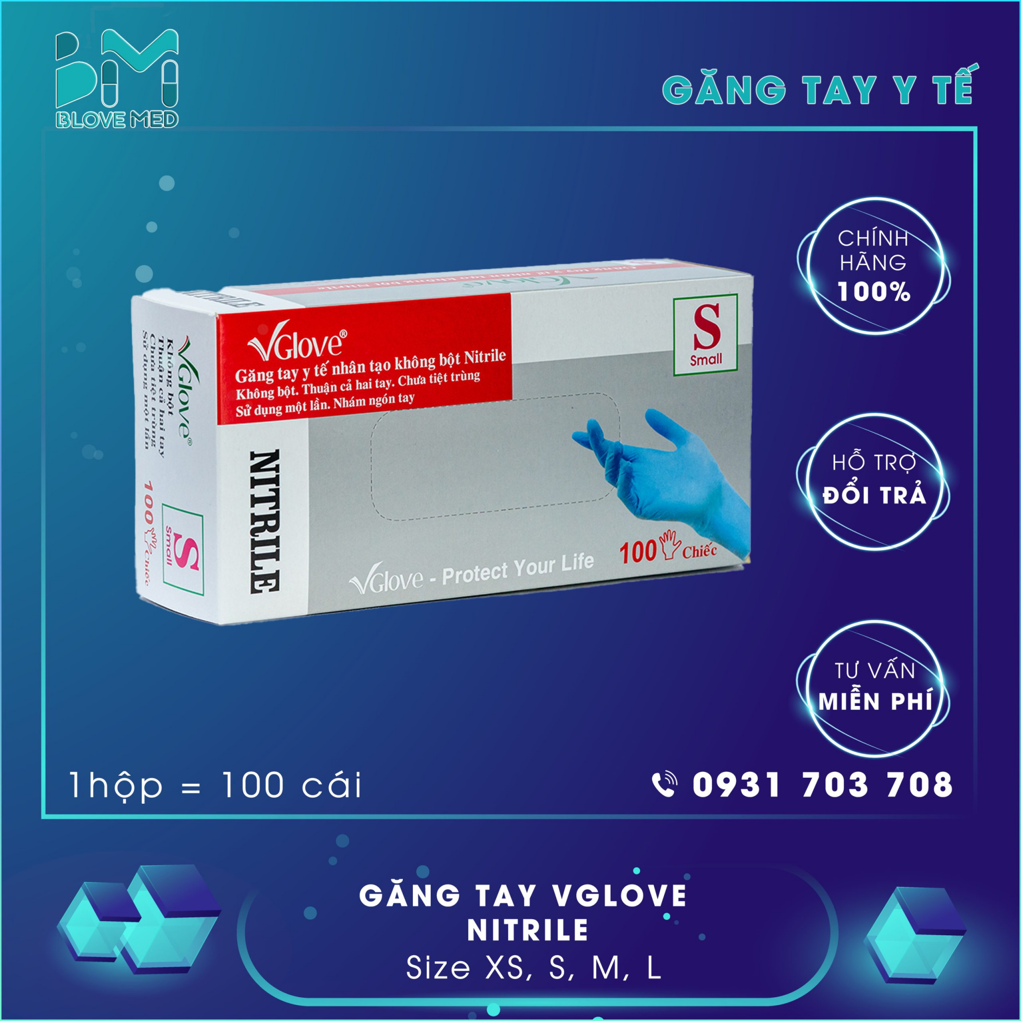 Găng tay Xanh vglove không bột 100 chiếc size L - copy